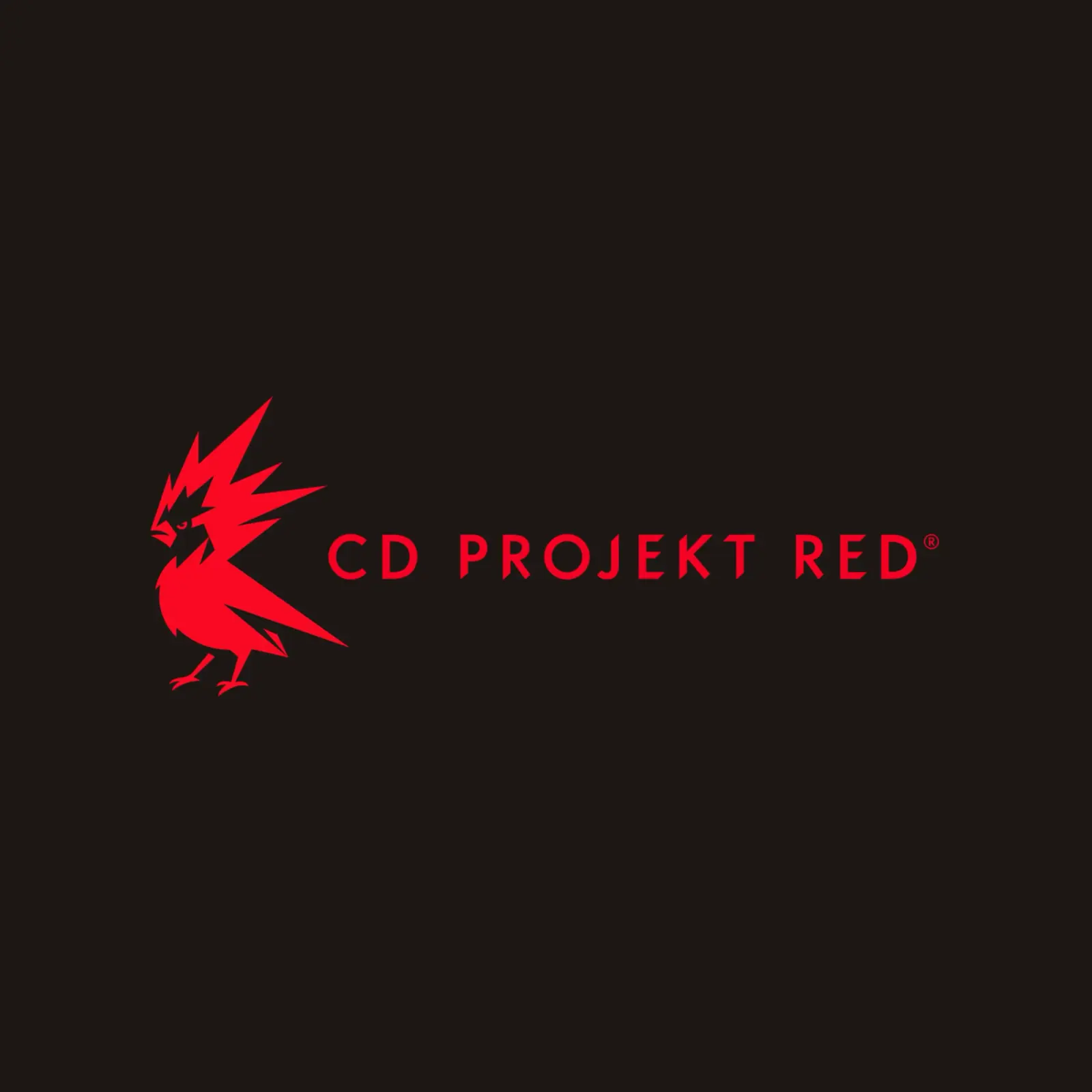 Красный знак raróg и надпись CD PROJEKT RED на почти чёрном квадратном поле