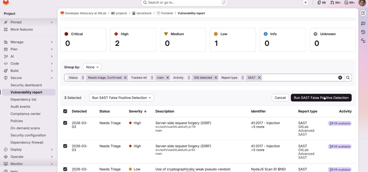 GitLab Vulnerability Report with selected SAST findings and a bulk action