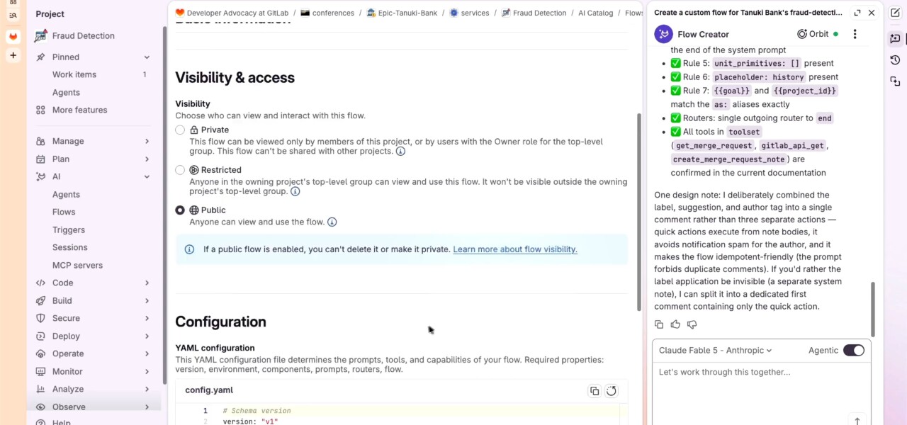 GitLab Flow Creator interface with flow settings and the agent chat