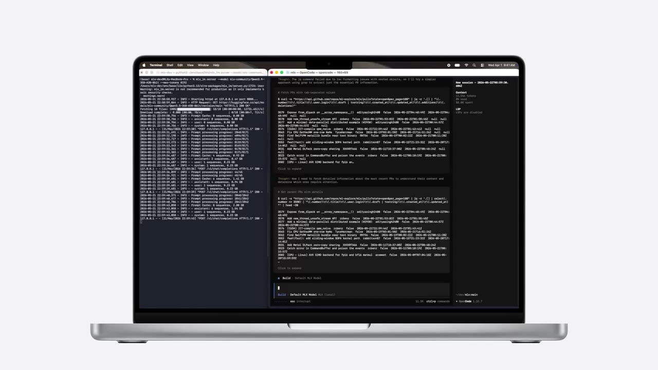 A MacBook showing a terminal and an OpenCode agent processing GitHub data with a locally hosted model